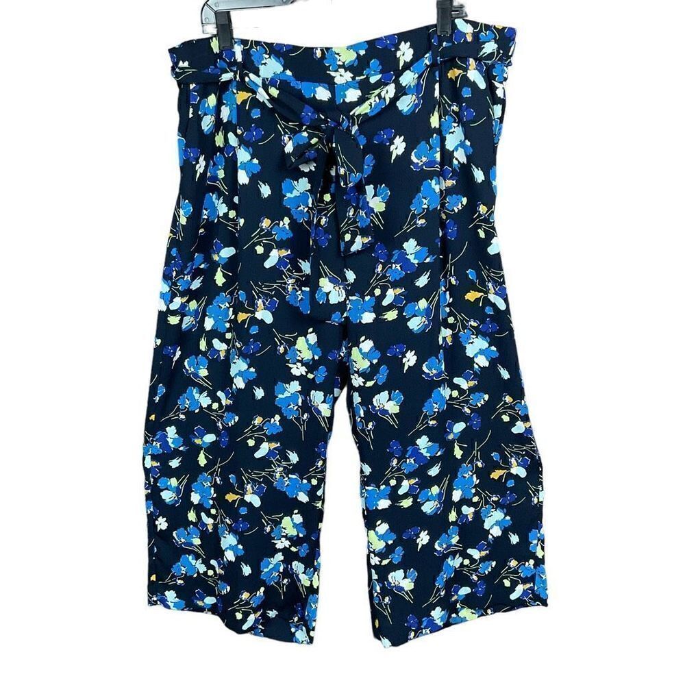 Halogen Crop Pants Wide Leg Black Blue White Floral Elastic Waist Belt 1X